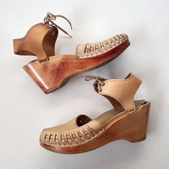 No. 6 Clogs Tan Leather Wooden Platform Wedge Sandals Lace Up Peep Toe Size 40 - Picture 1 of 10
